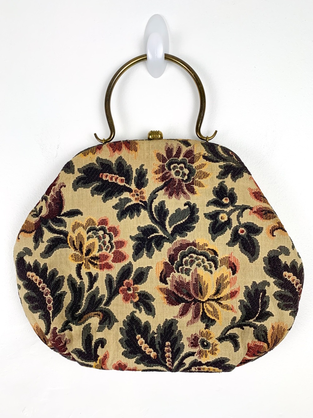 1950s/1960s Morris Moskowitz floral tapestry bag 14” carpet bag brass handle